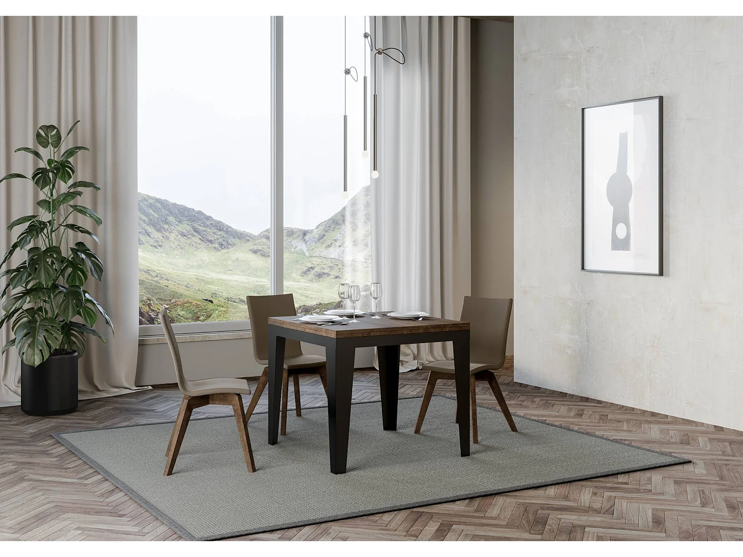 Ausziehtisch 90x90/180 cm Flame Libra Nussbaum mit Eisenrahmen aus Anthrazit