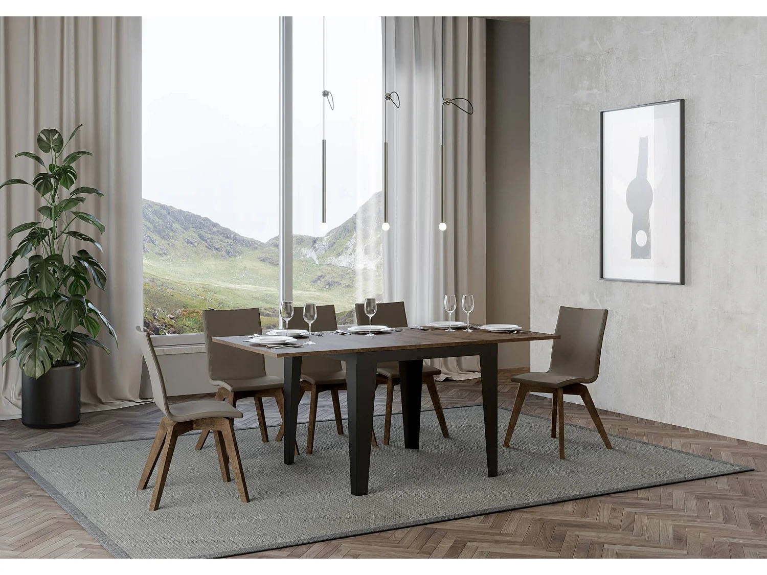 Ausziehtisch 90x90/180 cm Flame Libra Nussbaum mit Eisenrahmen aus Anthrazit