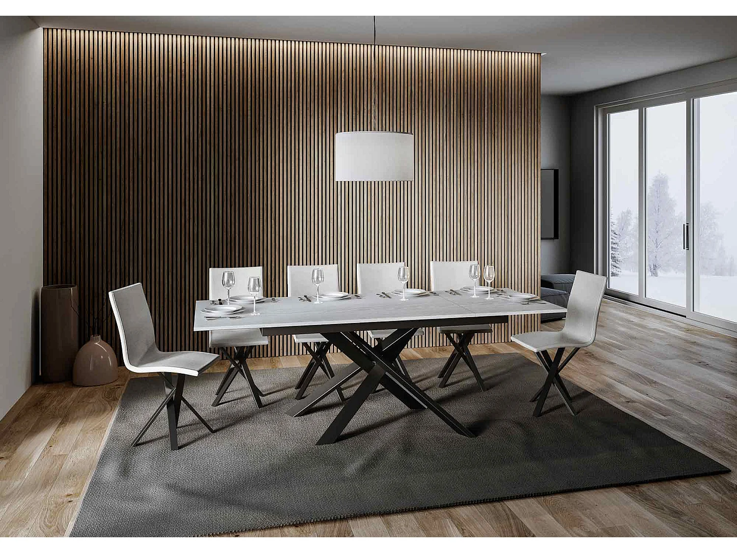 Table extensible 90x160/220 cm Ganty Frêne Blanc bande de chante en teinte cadre Anthracite