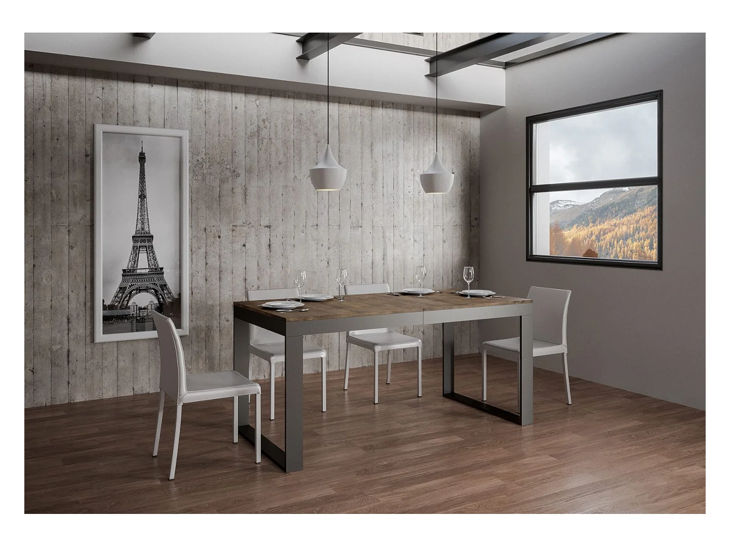 Mesa extensible moderna Tiroz, de 6 a 20 plazas, L 180 a 440 cm, estructura de madera oscura y metal antracita-Soporte 2 pies