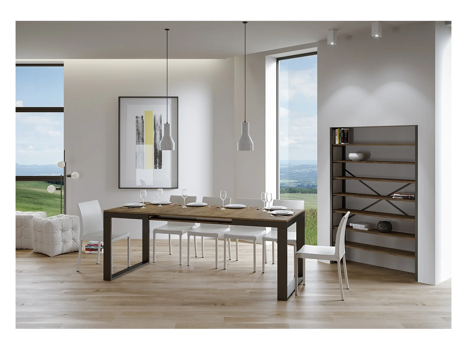 Mesa extensible moderna Tiroz, de 6 a 20 plazas, L 180 a 440 cm, estructura de madera oscura y metal antracita-Soporte 2 pies