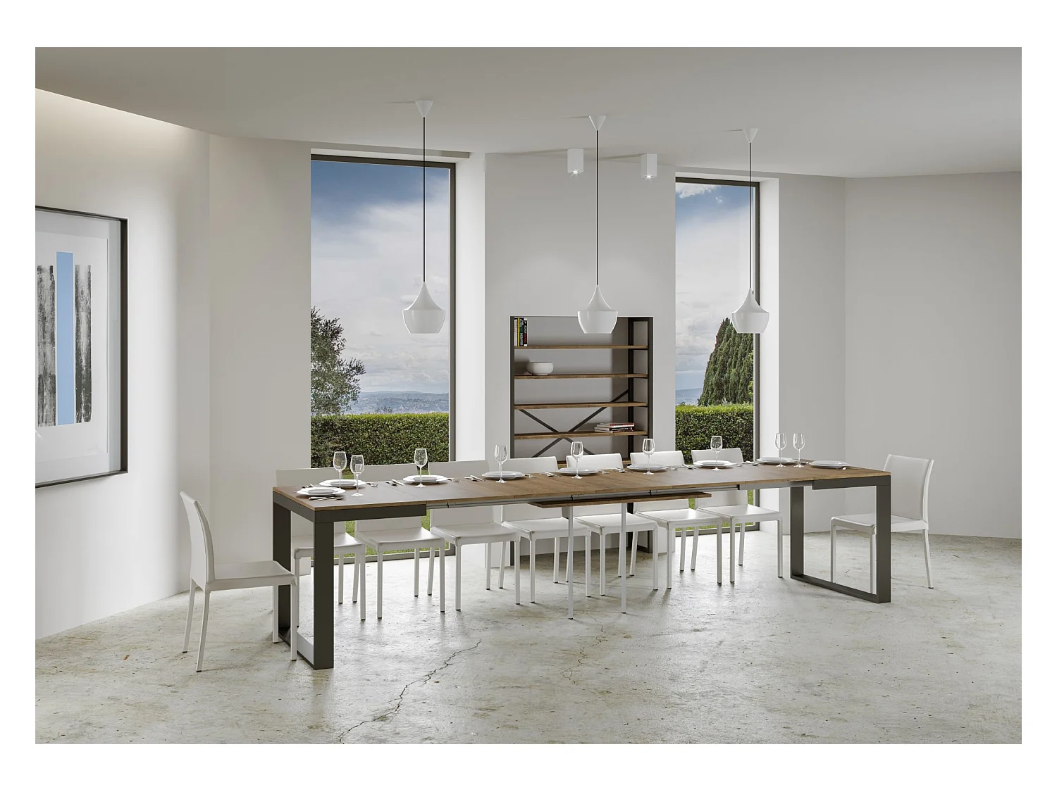 Mesa extensible moderna Tiroz, de 6 a 20 plazas, L 180 a 440 cm, estructura de madera oscura y metal antracita-Soporte 2 pies