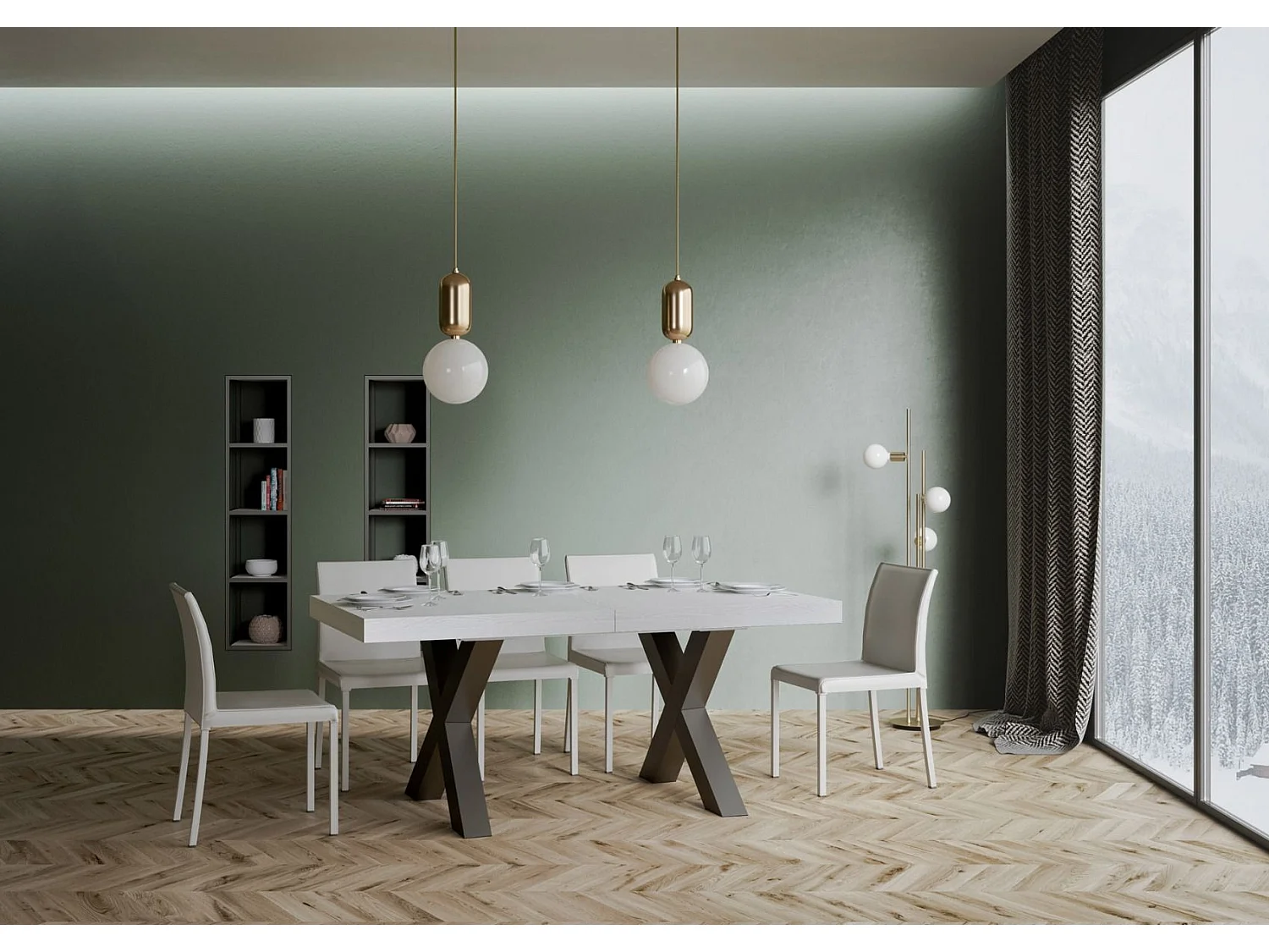 Ausziehtisch 90x180/284 cm Traffic Esche weiß mit Eisenrahmen aus Anthrazit