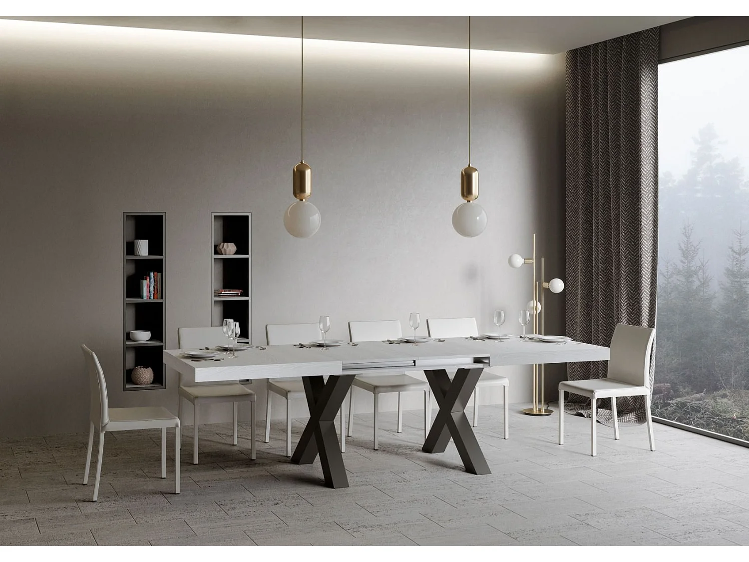 Ausziehtisch 90x180/284 cm Traffic Esche weiß mit Eisenrahmen aus Anthrazit