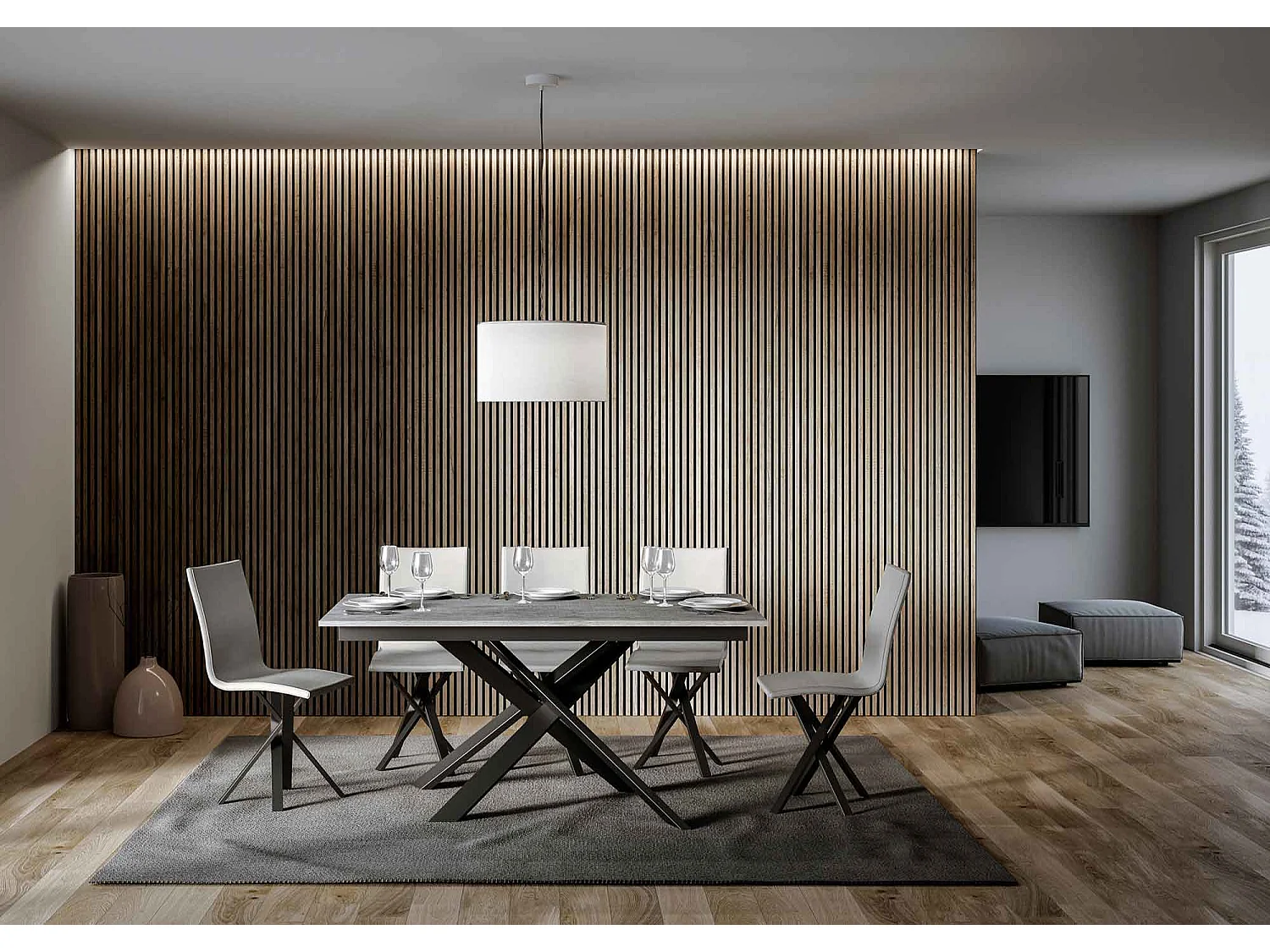 Ausziehbarer Tisch 90x160/220 cm Ganty Cemento – Kante in der gleichen Farbe wie der Rahmen in Anthrazit