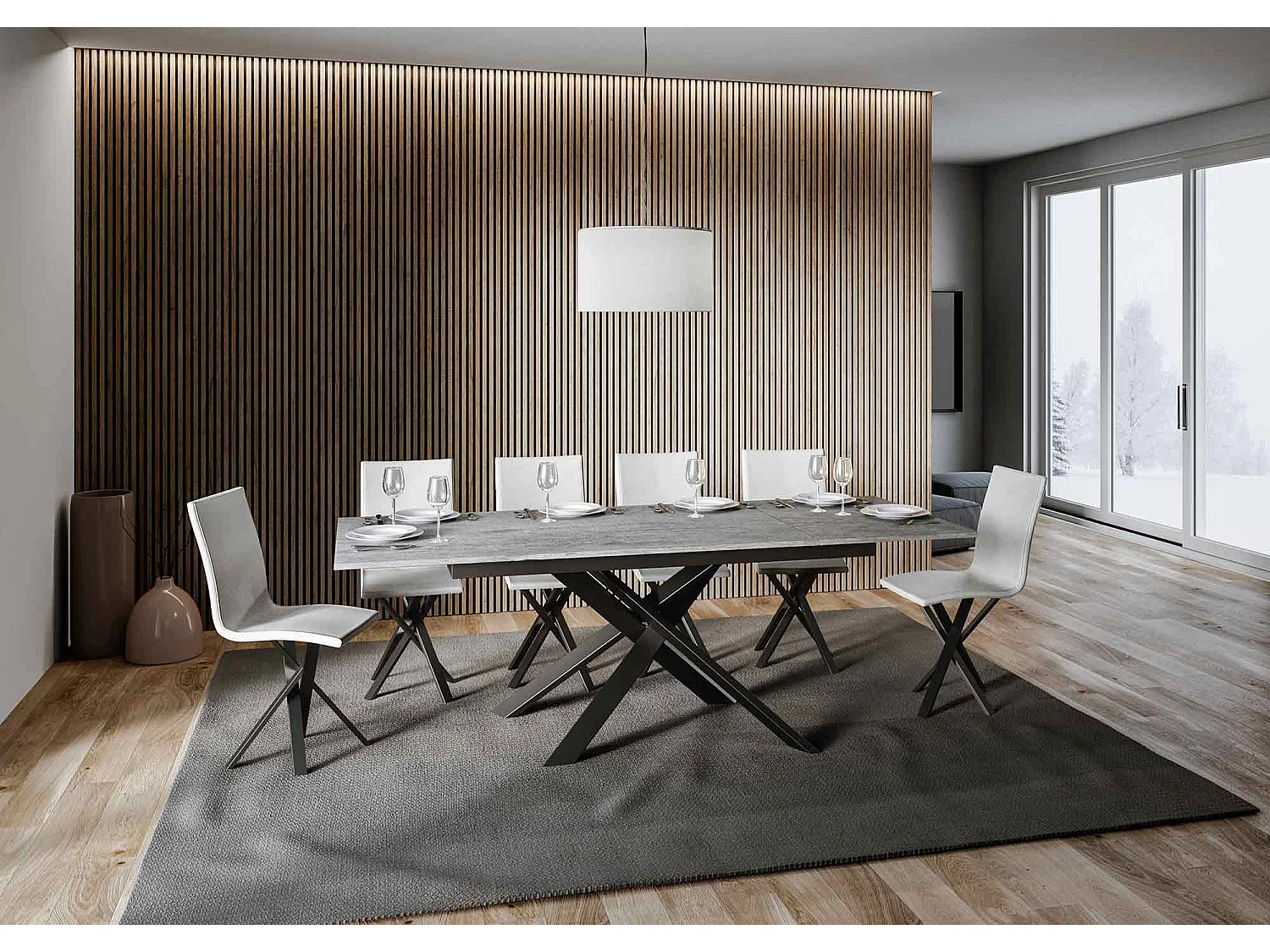 Ausziehbarer Tisch 90x160/220 cm Ganty Cemento – Kante in der gleichen Farbe wie der Rahmen in Anthrazit