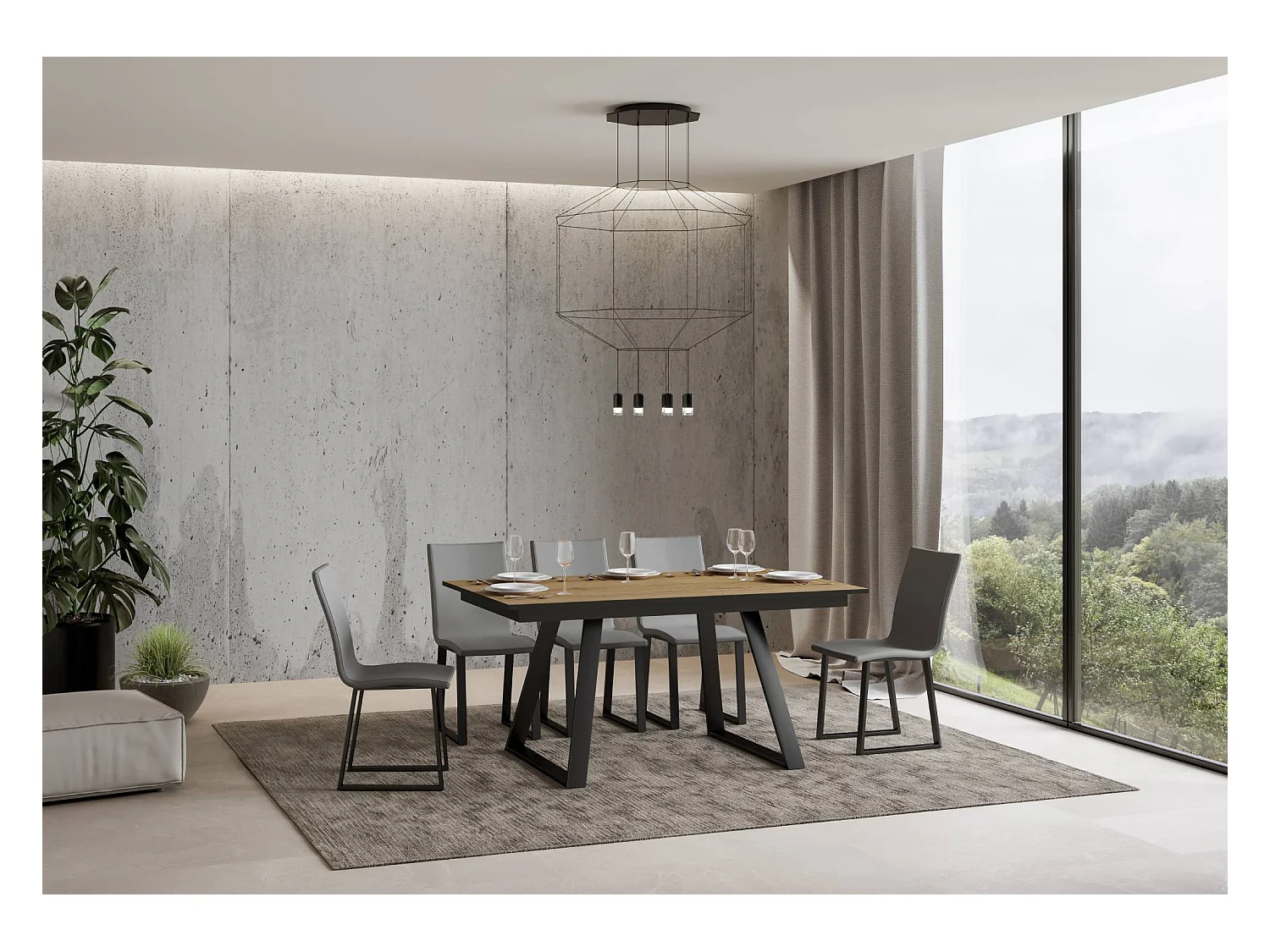 Mesa de jantar extensível 90x160/220 cm Bernadette Carvalho Natural quadro Antracite