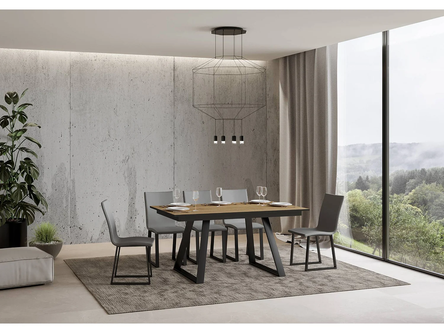 Mesa de jantar extensível 90x160/220 cm Bernadette Carvalho Natural quadro Antracite