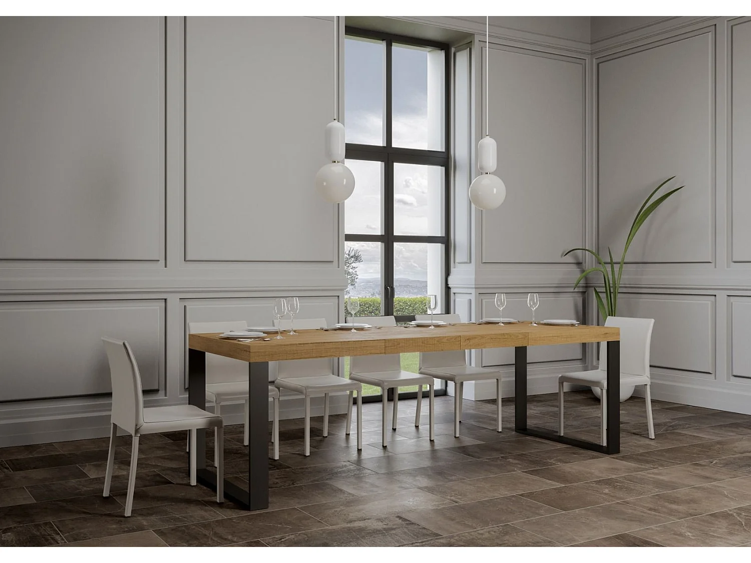 Udtræksbord 90x180/440 cm Tecno Premium Naturlig Eg med antracit stel