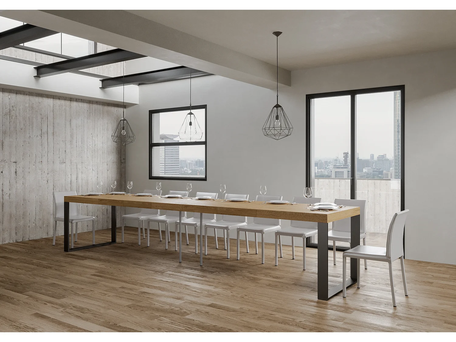Udtræksbord 90x180/440 cm Tecno Premium Naturlig Eg med antracit stel