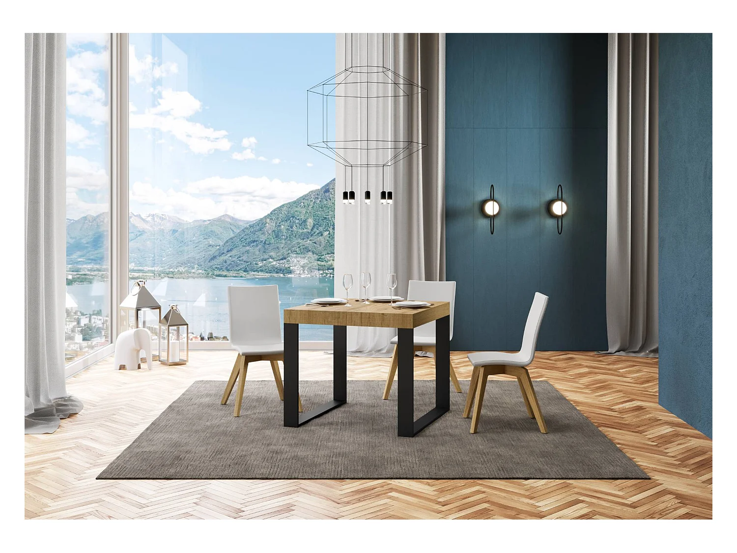 Mesa de jantar extensível 90x90/246 cm Tecno Carvalho Natural quadro Antracite