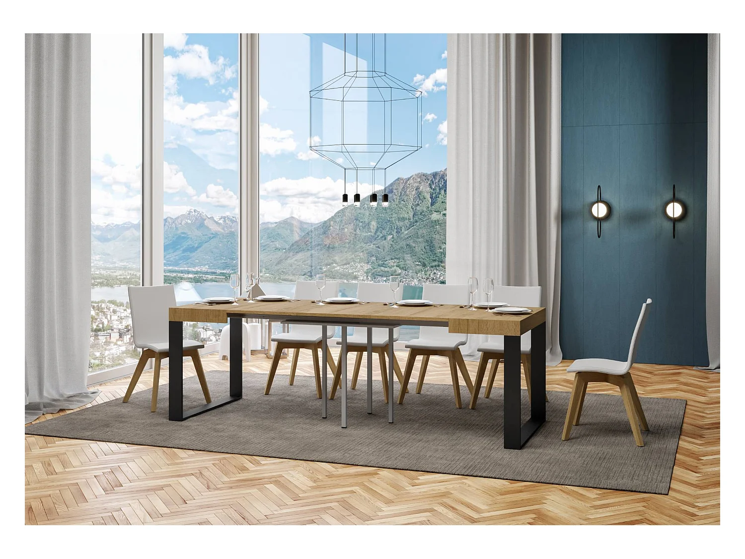 Mesa de jantar extensível 90x90/246 cm Tecno Carvalho Natural quadro Antracite