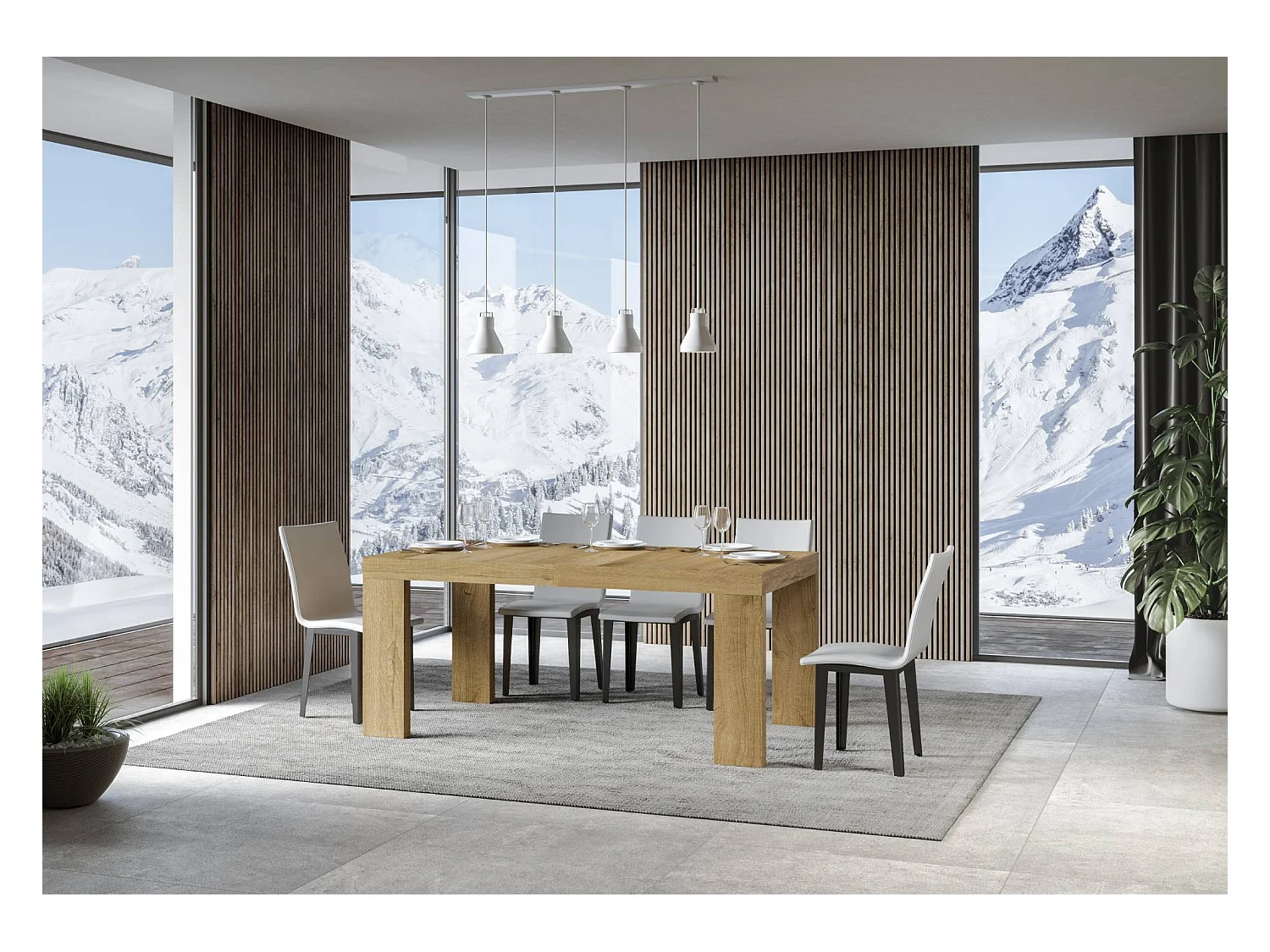 Mesa de comedor extensible de madera Ribo-Color Natural-Soporte 2 pies-5 alargaderas finas-Ancho extensible