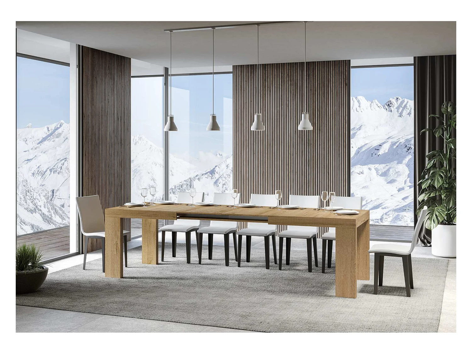 Mesa de comedor extensible de madera Ribo-Color Natural-Soporte 2 pies-5 alargaderas finas-Ancho extensible