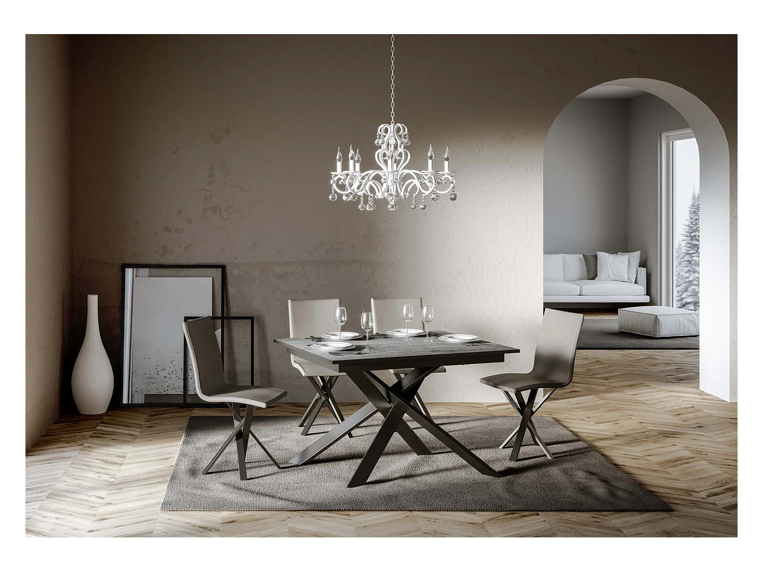 Mesa de jantar extensível 90x120/180 cm Ganty Cimento - borda Antracite quadro Antracite