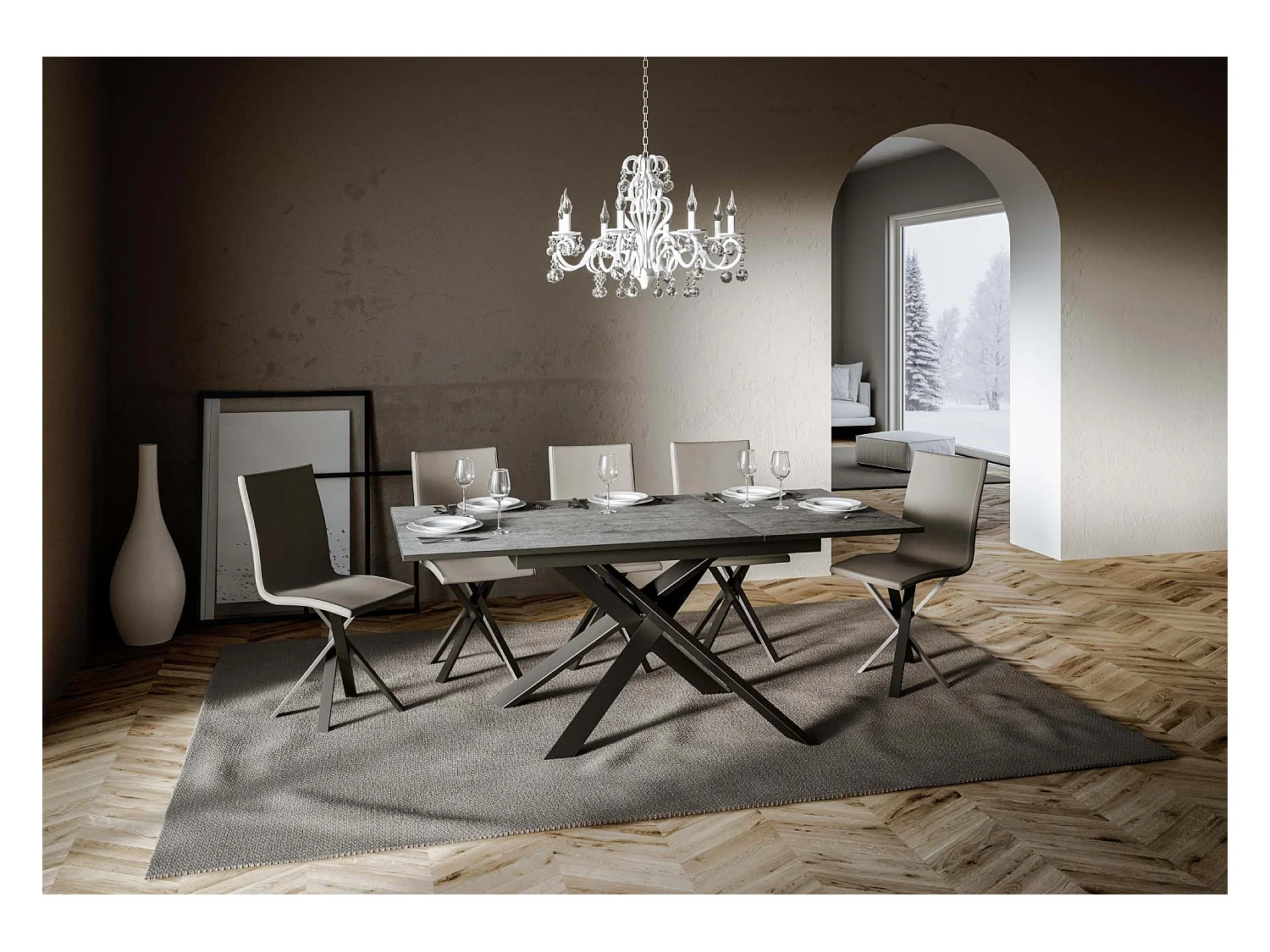 Mesa de jantar extensível 90x120/180 cm Ganty Cimento - borda Antracite quadro Antracite