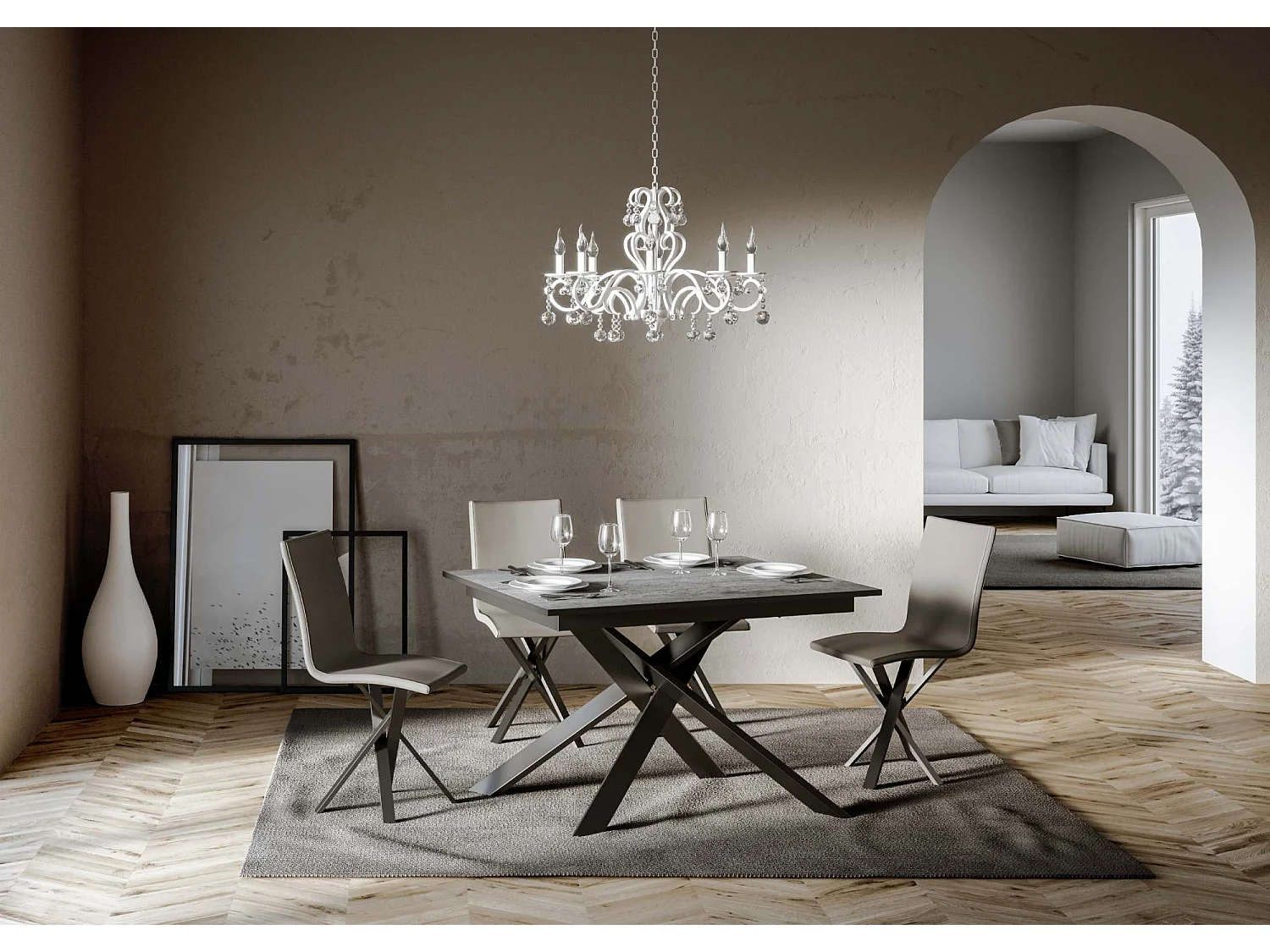 Ausziehbarer Tisch 90x120/180 cm Ganty Cemento - Anthrazitkante. Anthrazitfarbener Rahmen