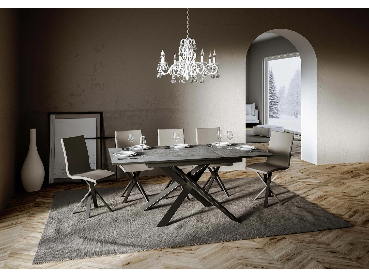 Ausziehbarer Tisch 90x120/180 cm Ganty Cemento - Anthrazitkante. Anthrazitfarbener Rahmen