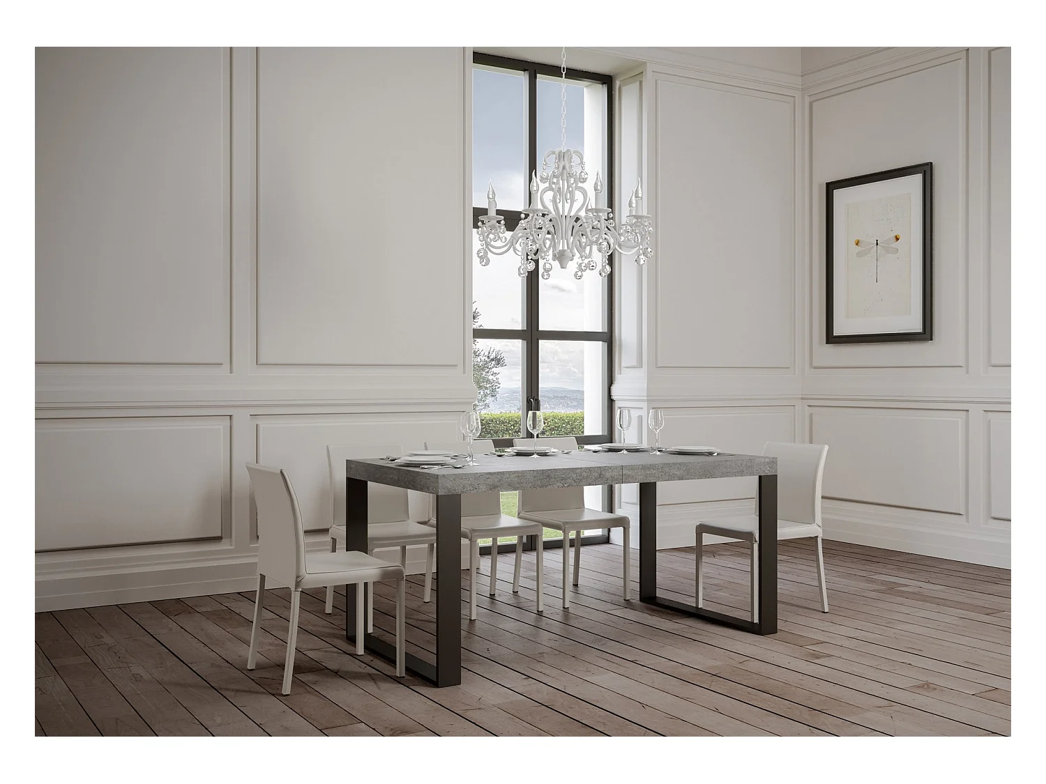 Mesa de comedor extensible tiroz-Color Gris cemento-Soporte 2 pies-Alargaderas -Ancho extensible