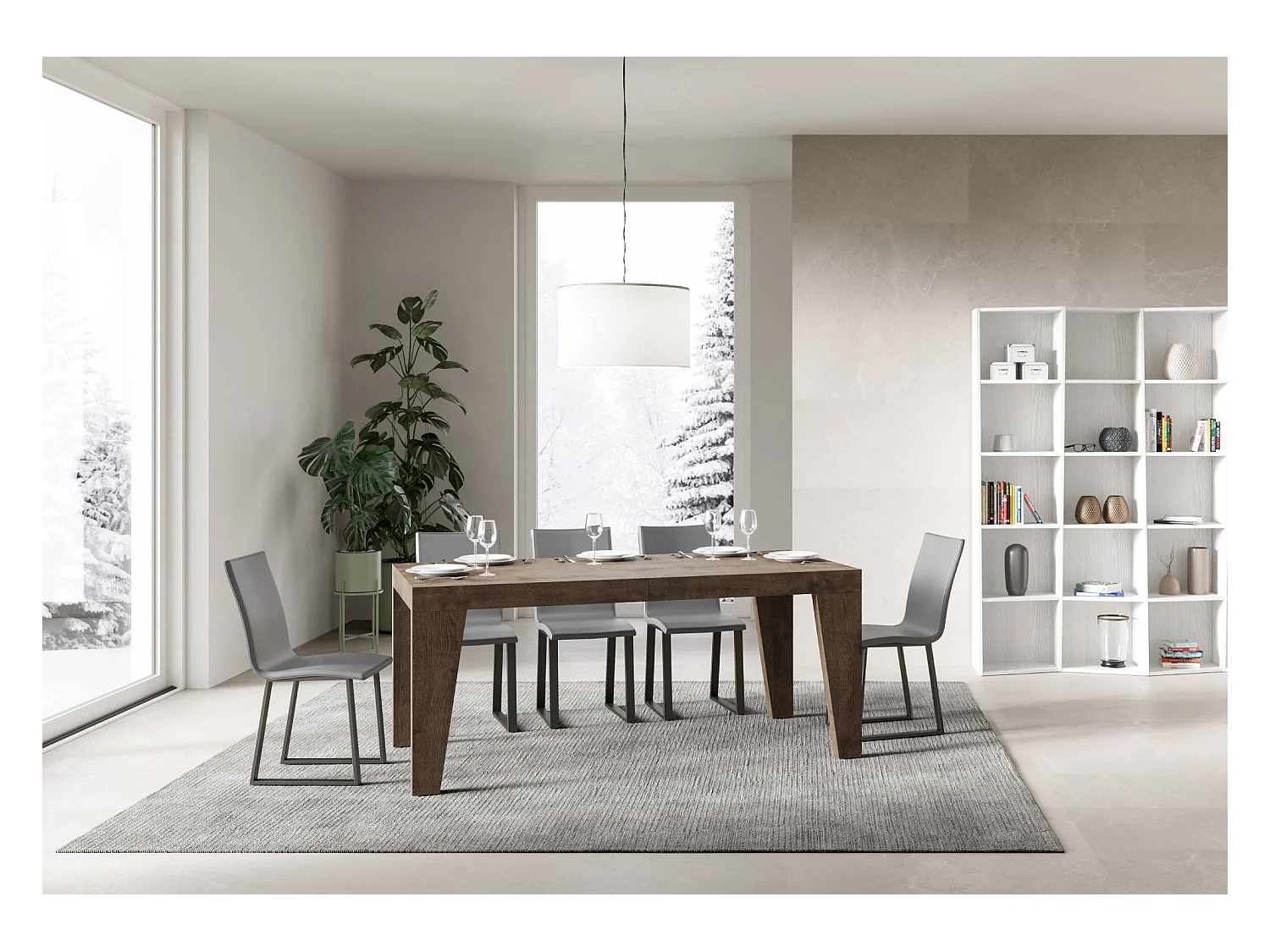 Mesa de comedor extensible de madera Naxo.-Color Marrón-Soporte 2 pies-5 alargaderas finas-Ancho extensible