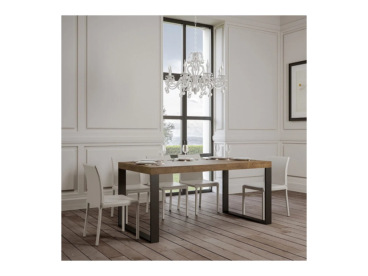 Mesa de comedor extensible tiroz-Color Marrón-Soporte 2 pies-5 alargaderas finas-Ancho extensible