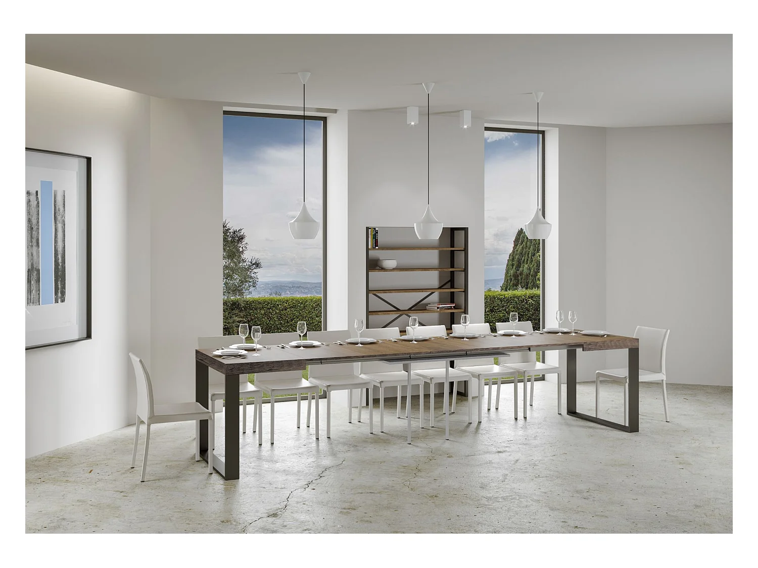 Mesa de comedor extensible tiroz-Color Marrón-Soporte 2 pies-5 alargaderas finas-Ancho extensible