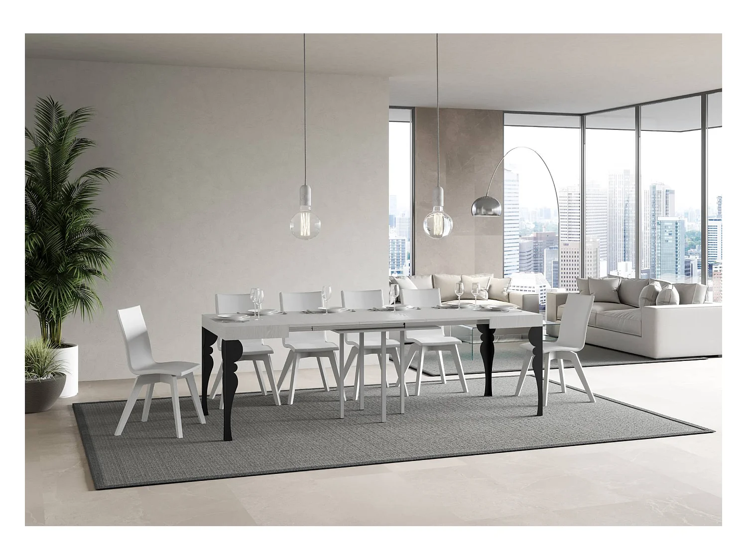 Table extensible 90x90/246 cm Paxon Frêne Blanc cadre Anthracite