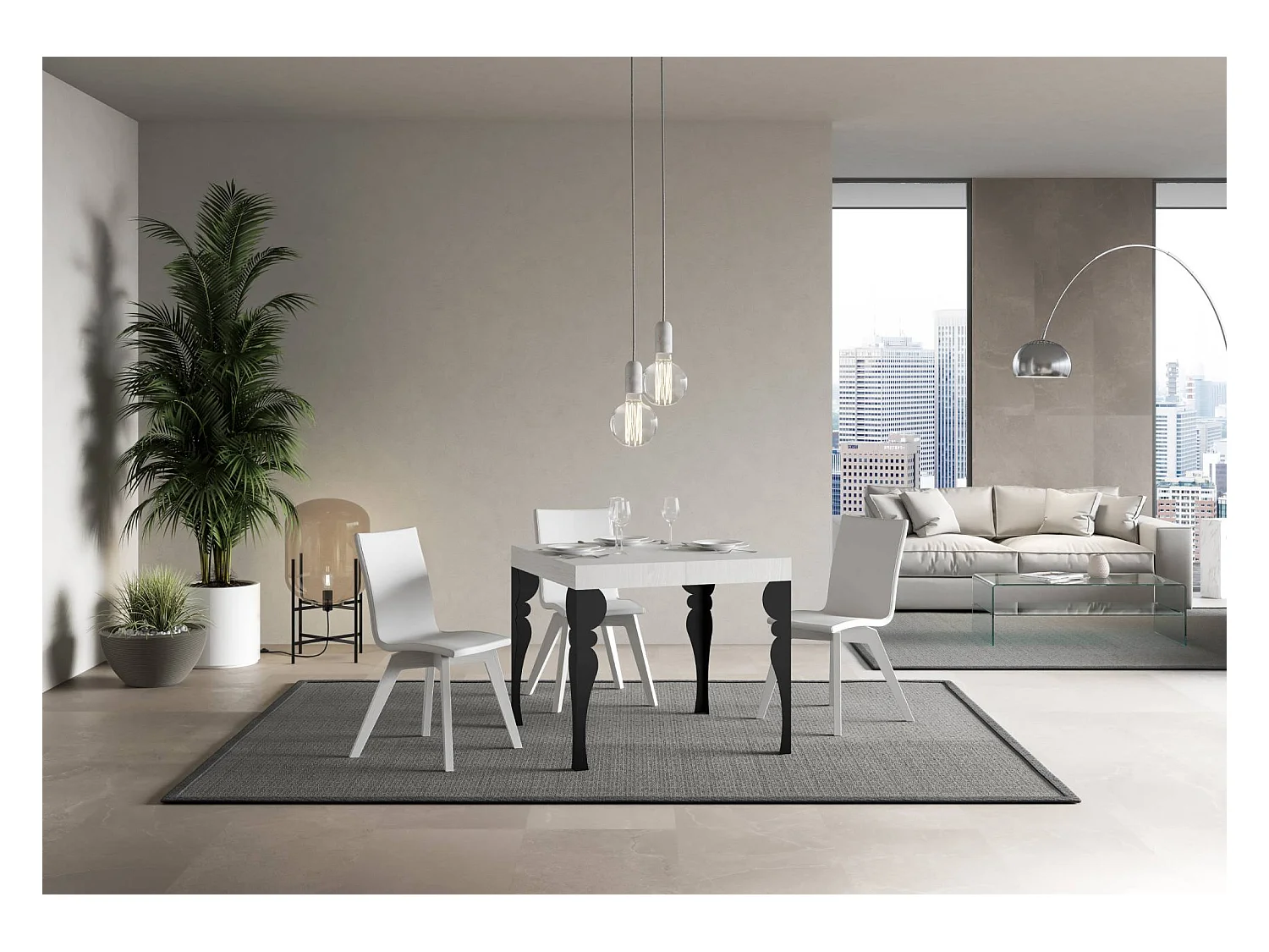 Table extensible 90x90/246 cm Paxon Frêne Blanc cadre Anthracite