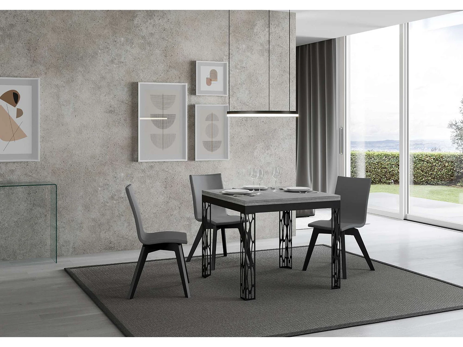 Table extensible portefeuille 90x90/180 cm Ghibli Libra Gris Béton cadre Anthracite