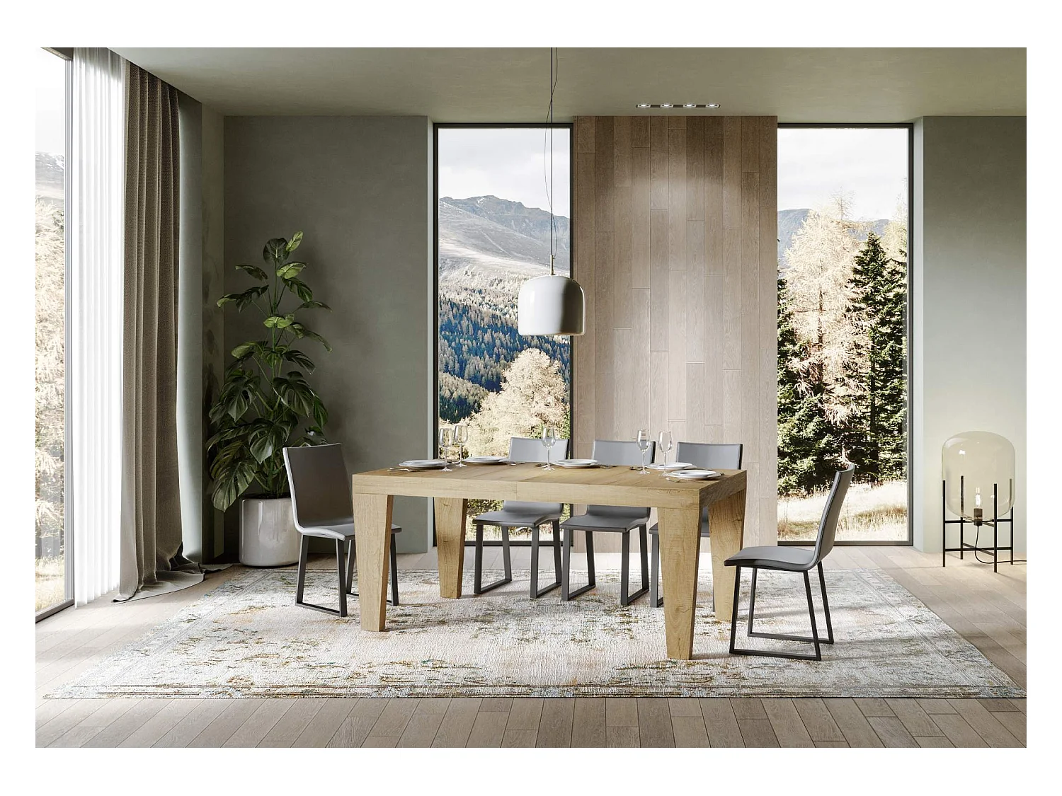 Mesa de comedor extensible de madera Kristo patas en V-Color Natural-Soporte 2 pies-5 alargaderas finas-Ancho extensible