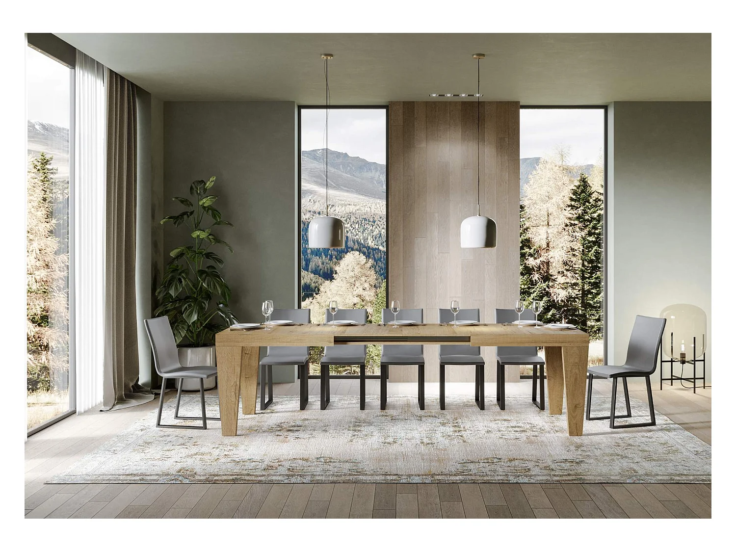 Mesa de comedor extensible de madera Kristo patas en V-Color Natural-Soporte 2 pies-5 alargaderas finas-Ancho extensible