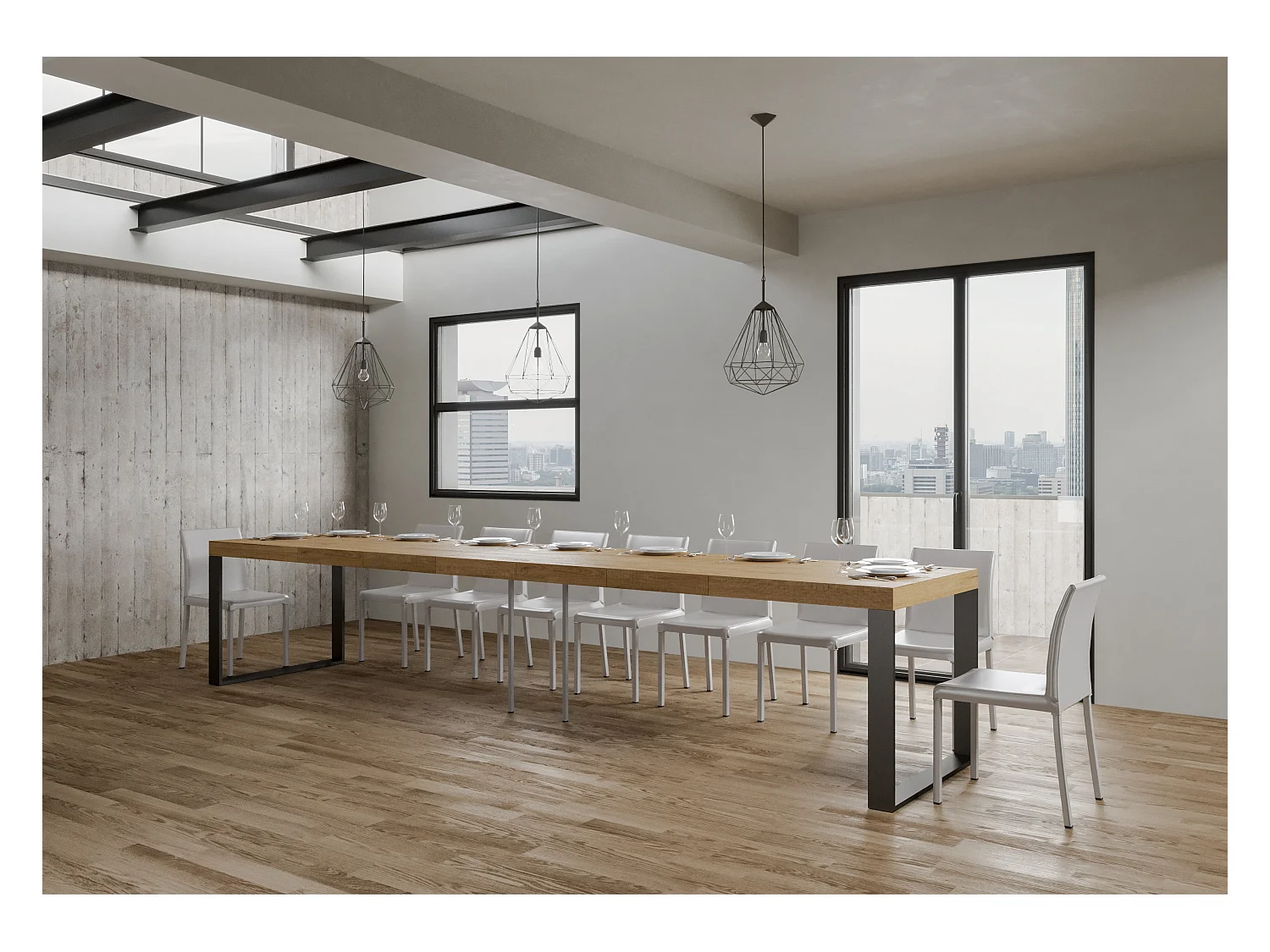 Ausziehbarer Tisch 90x160/420 cm Gestell Tecno Premium Eiche Natur Anthrazit