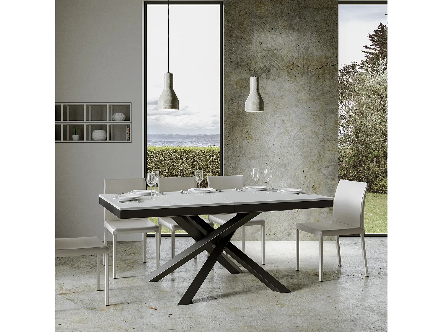 Table extensible 180/440x90 cm Volantis Evolution frêne blanc cadre et pieds anthracite