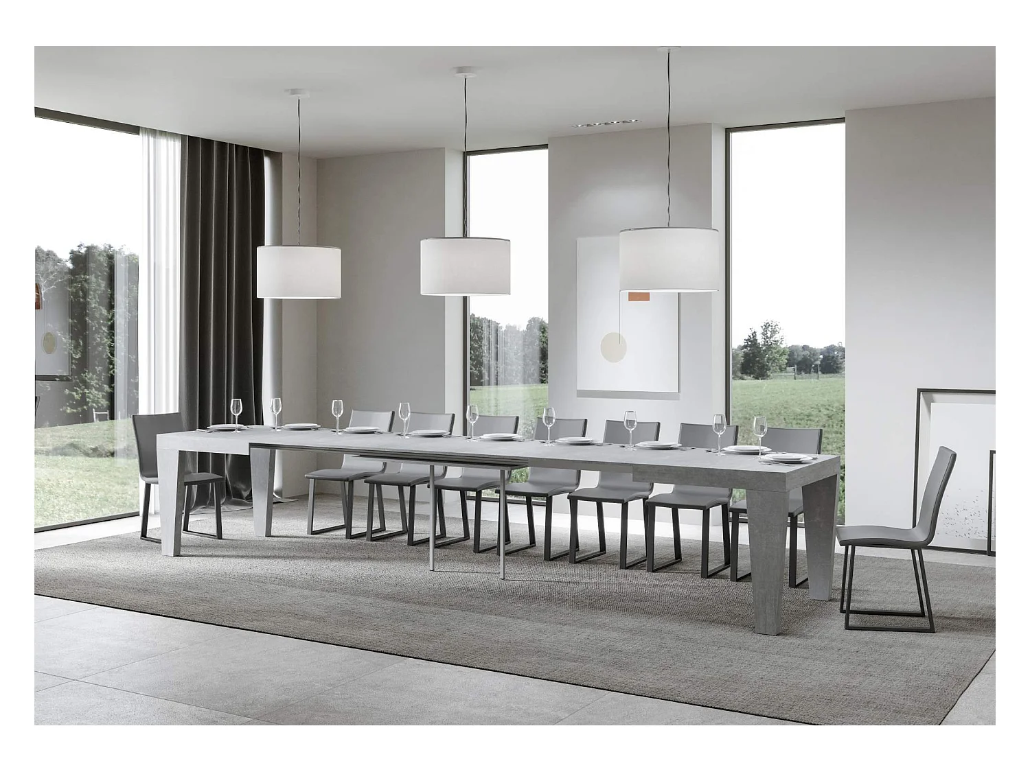 Mesa de comedor extensible de madera Kristo patas en V-Color Gris cemento-Soporte 2 pies-5 alargaderas finas-Ancho extensible