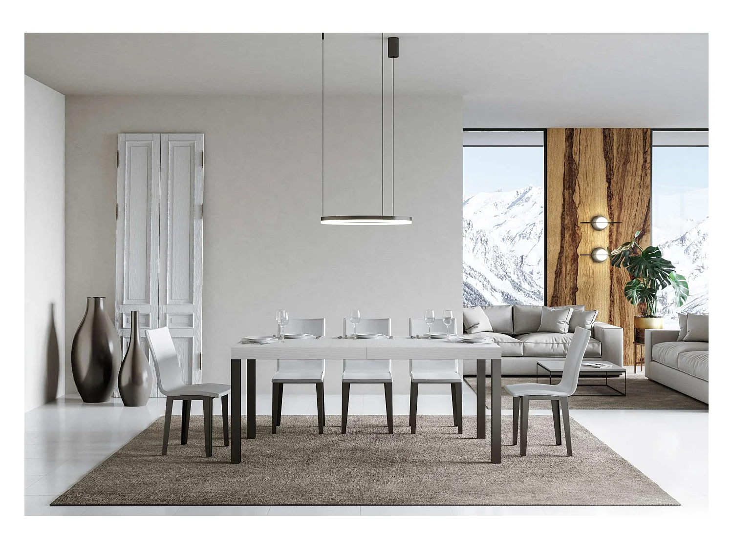 Mesa de comedor extensible Karry-Color Blanco-Soporte 2 pies-Ancho extensible