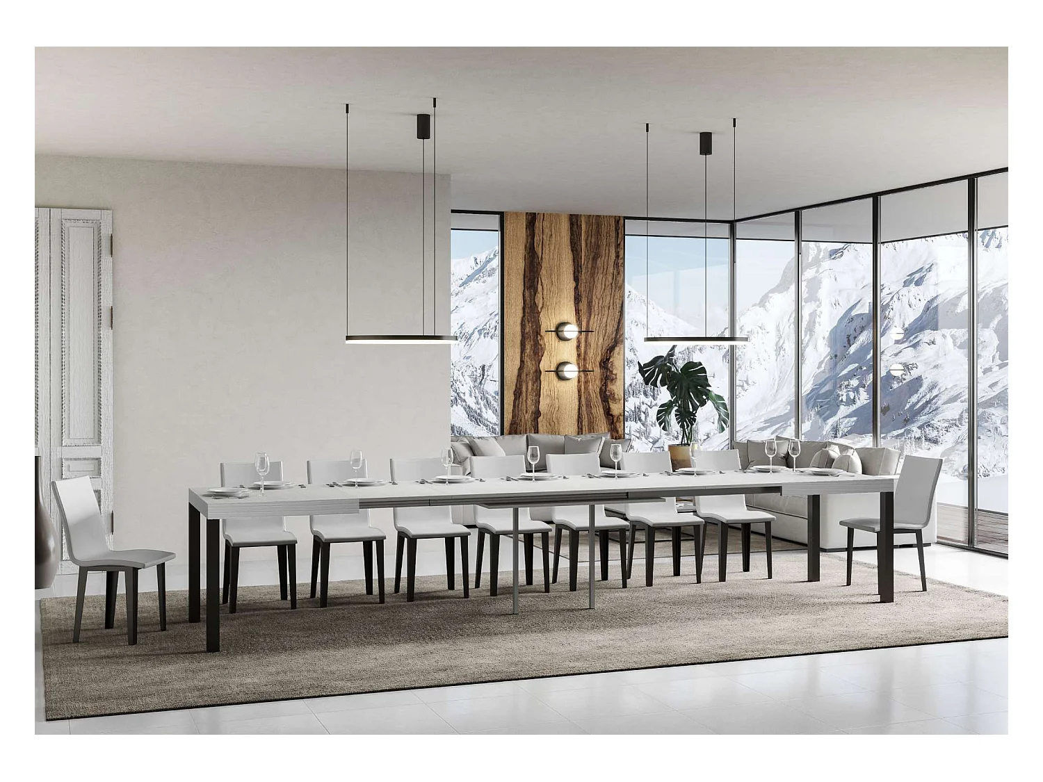 Mesa de comedor extensible Karry-Color Blanco-Soporte 2 pies-Ancho extensible