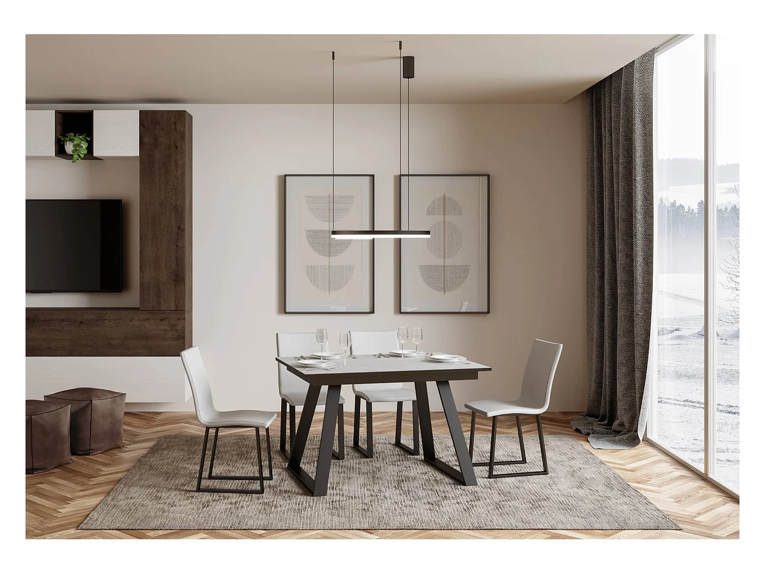 Table extensible 90x120/180 cm Bernadette Frêne Blanc cadre Anthracite