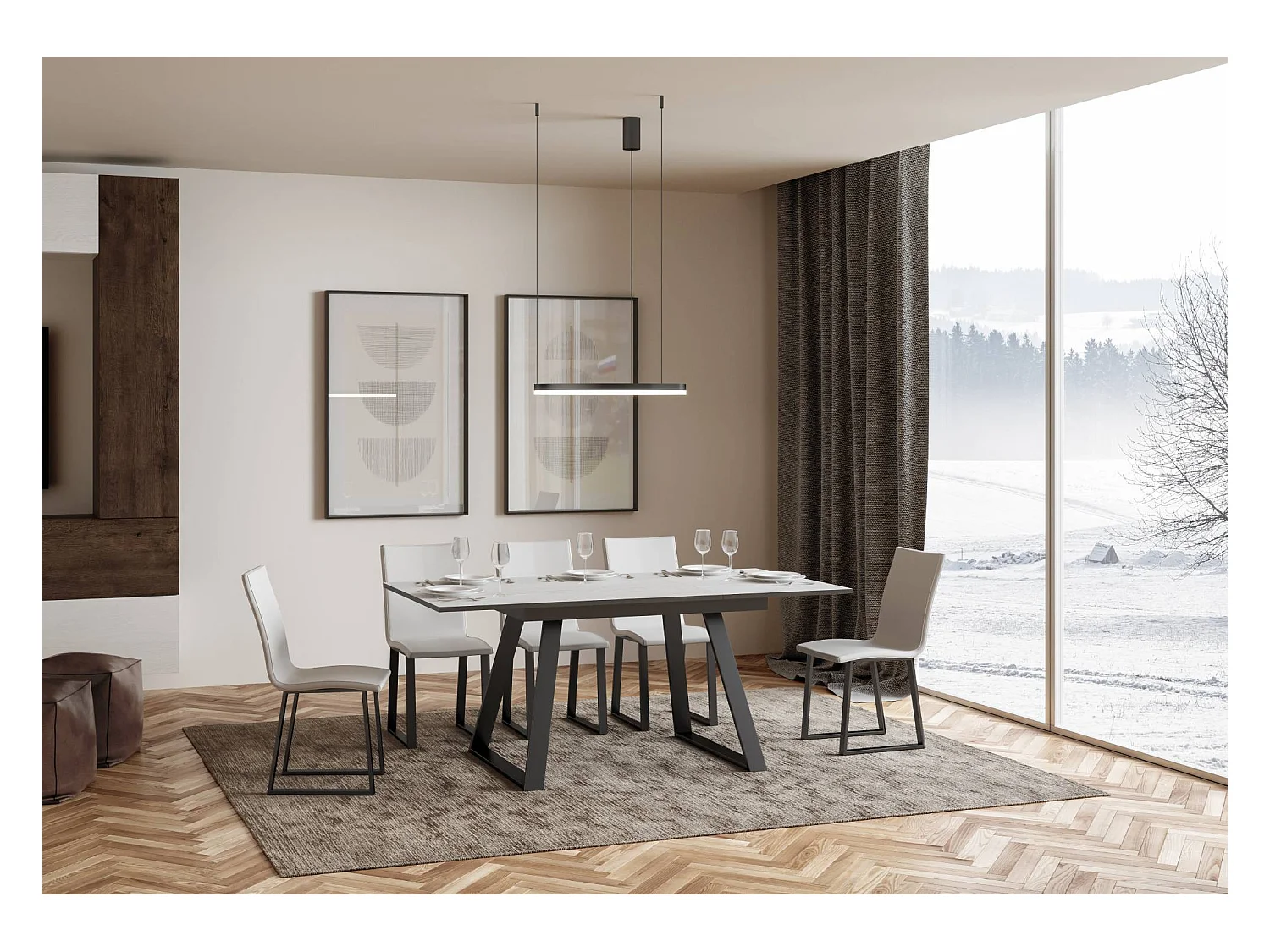 Table extensible 90x120/180 cm Bernadette Frêne Blanc cadre Anthracite