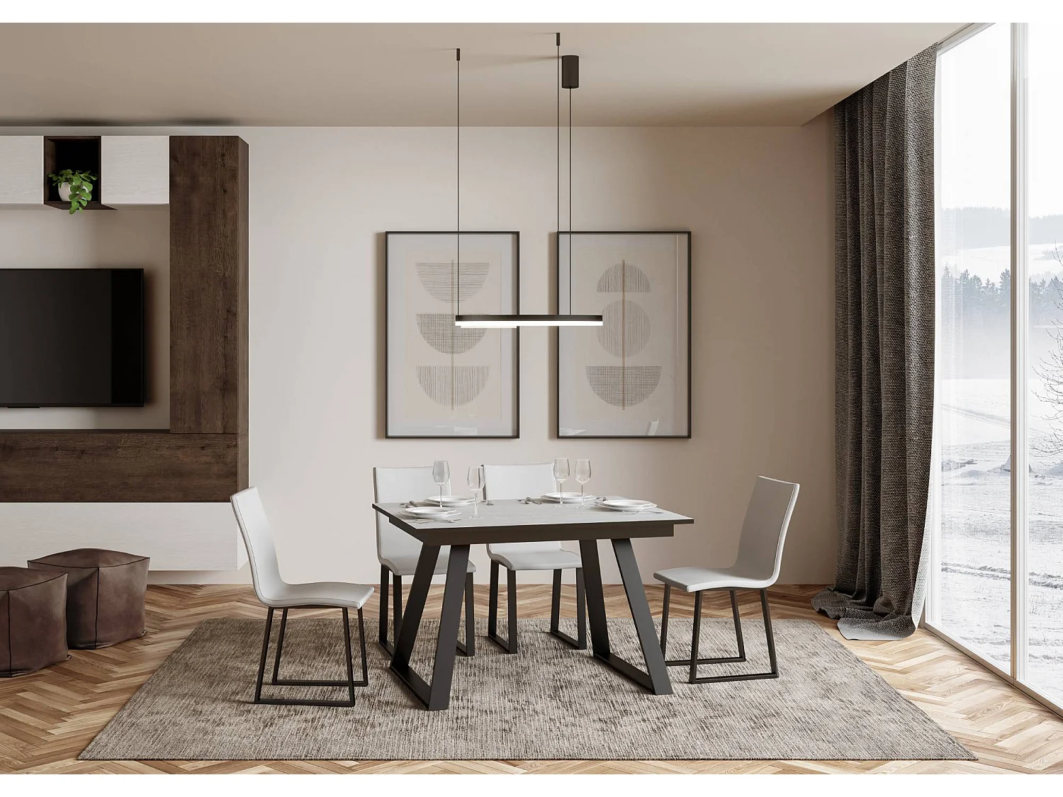 Table extensible 90x120/180 cm Bernadette Frêne Blanc cadre Anthracite