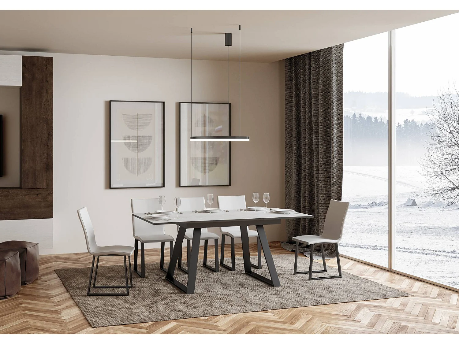 Table extensible 90x120/180 cm Bernadette Frêne Blanc cadre Anthracite