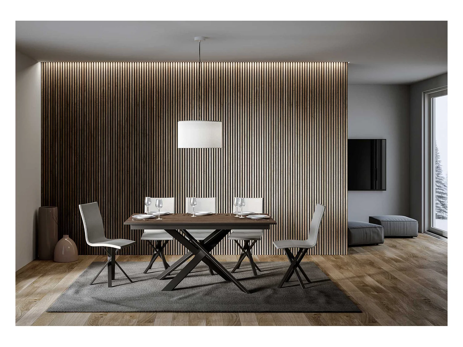 Ausziehbarer Tisch 90x160/220 cm Ganty Walnuss - Kante Anthrazit Gestell Anthrazit