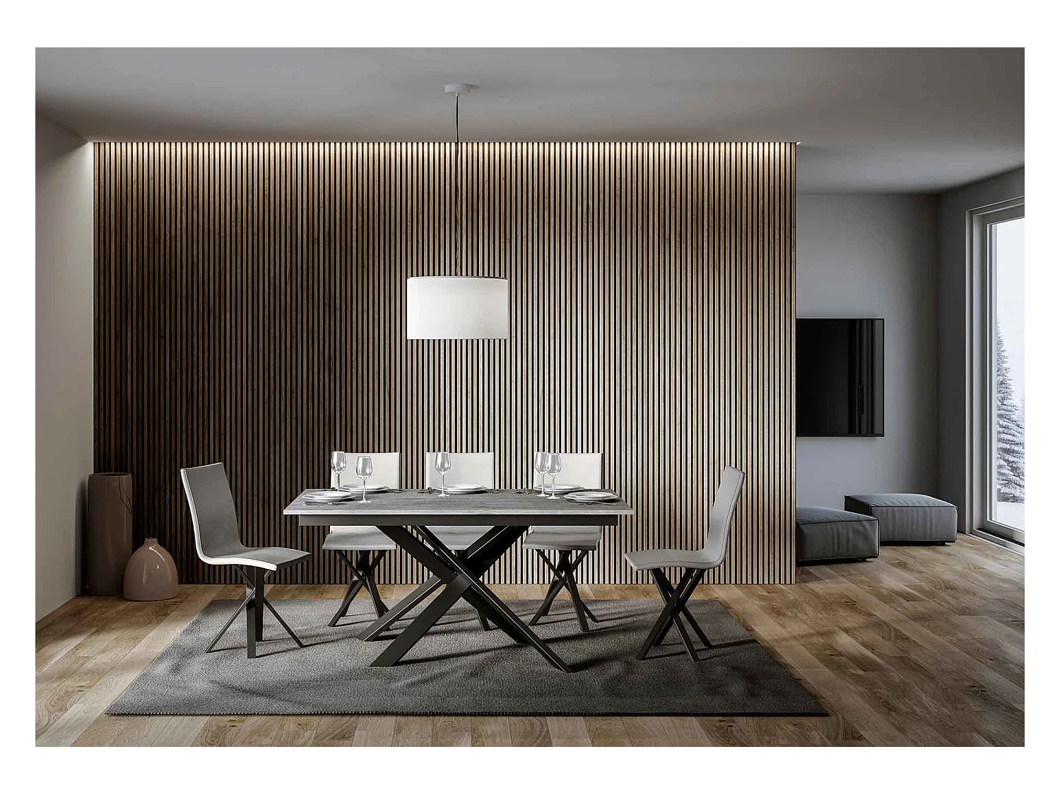 Mesa de jantar extensível 90x160/220 cm Ganty Branco Espatulado - borda em tom quadro Antracite