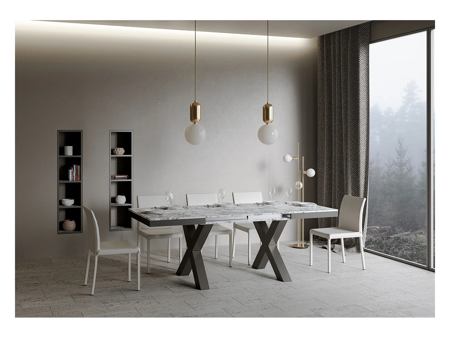 Mesa extensible Tsara de 6 a 10 plazas L 120 a 224 cm con efecto mármol blanco y estructura de metal gris oscuro