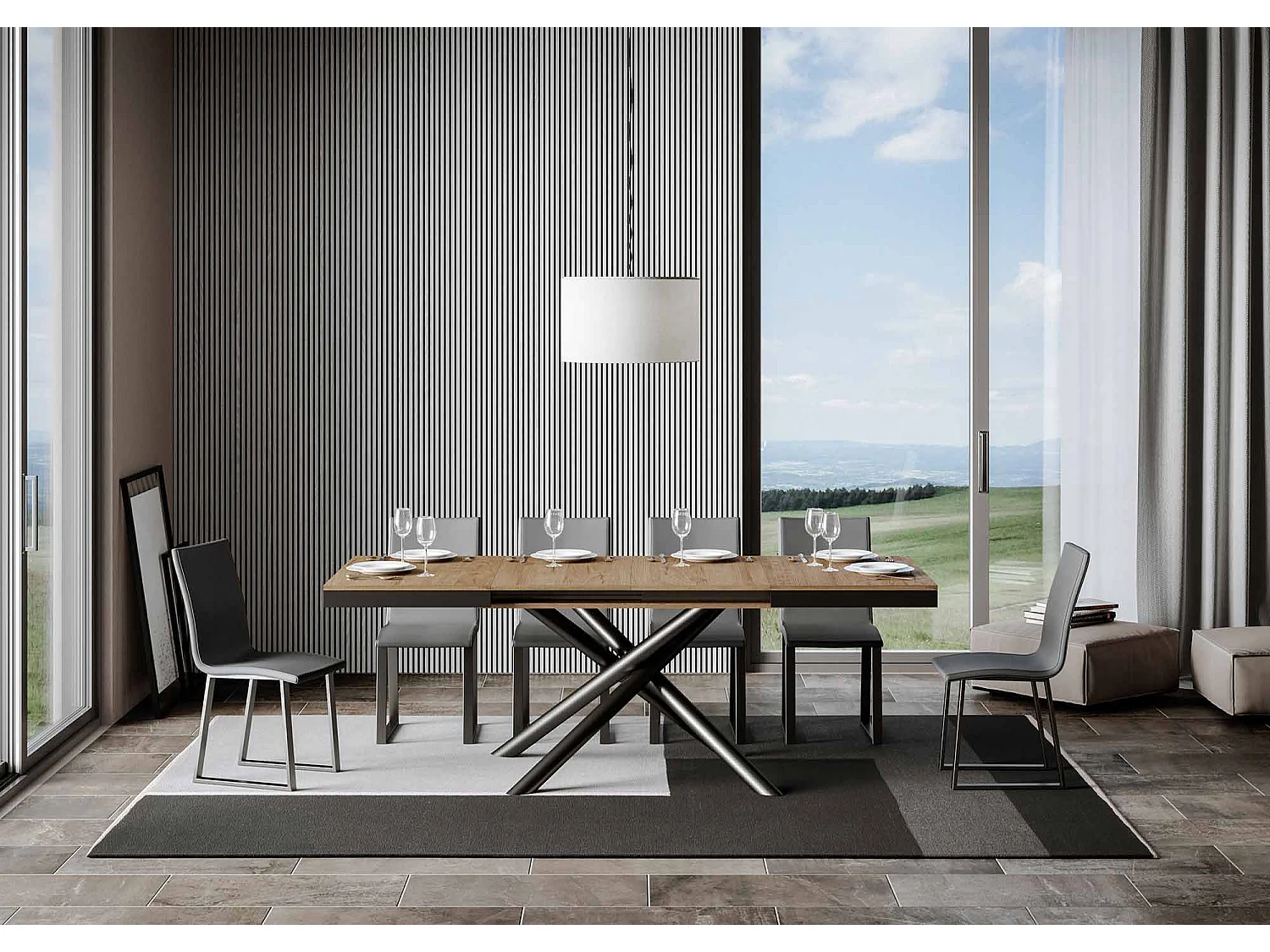 Table extensible 90x120/224 cm Famas Evolution Chêne Nature cadre Anthracite