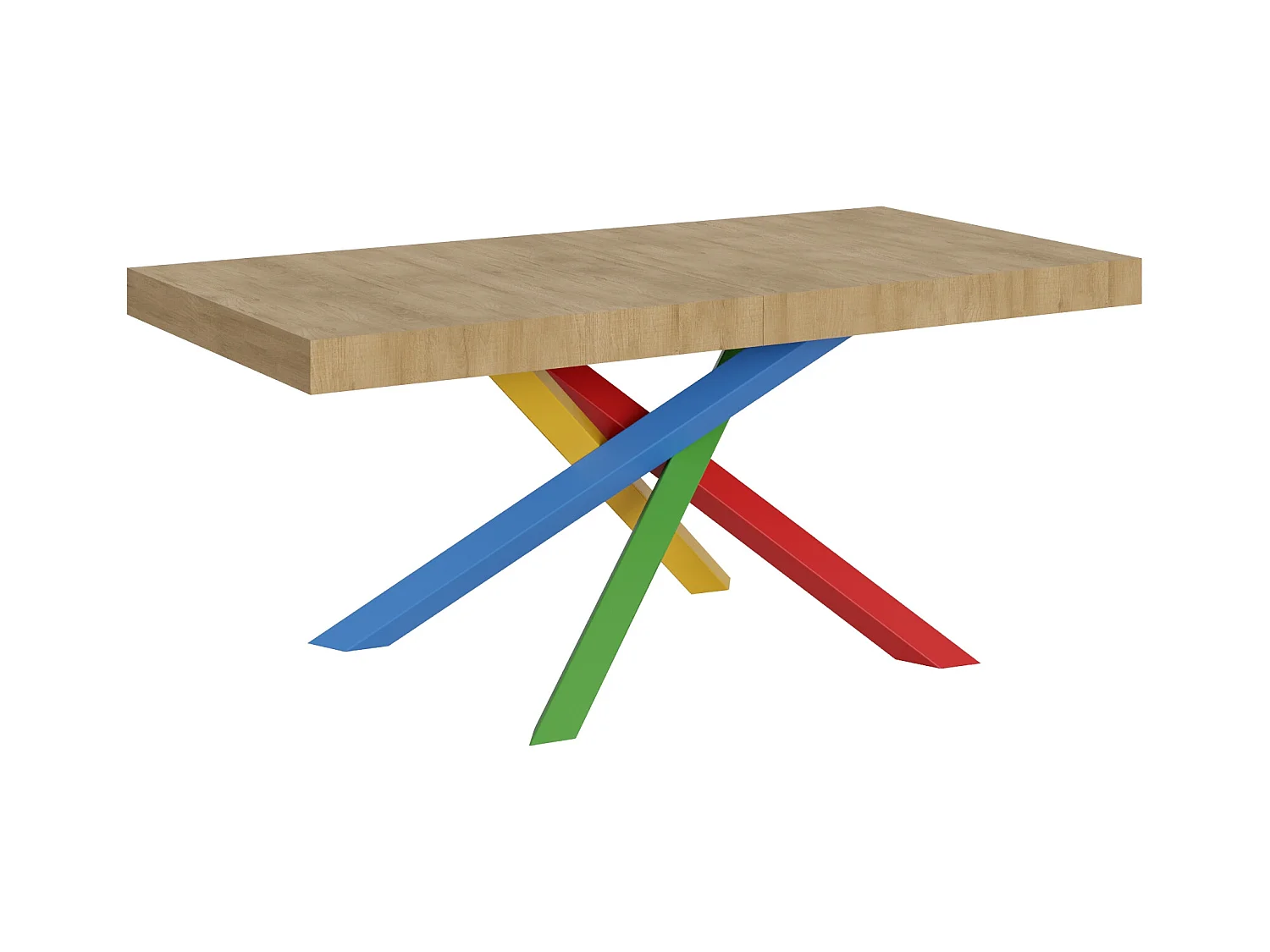Designer uitschuifbare tafel met veelkleurige in elkaar verweven poten Artemis-Kleur Natuurlijk-Uitschuifbare breedte