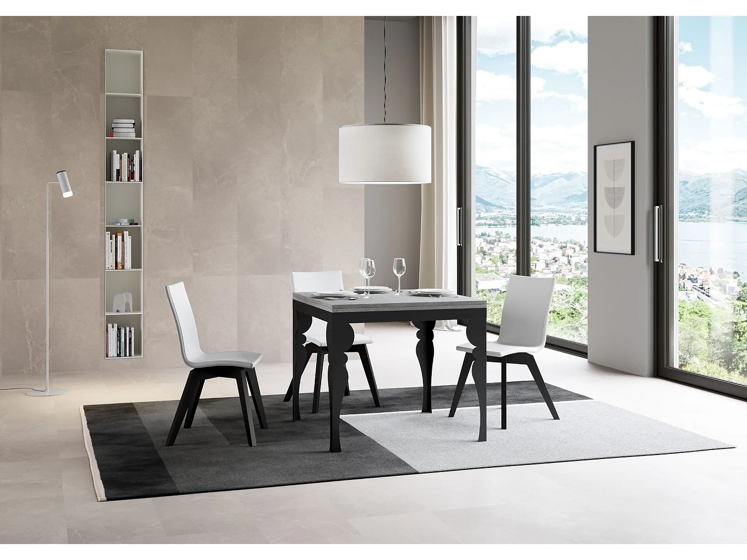 Ausziehtisch 90x90/180 cm Paxon Libra Zement mit Eisenrahmen aus Anthrazit