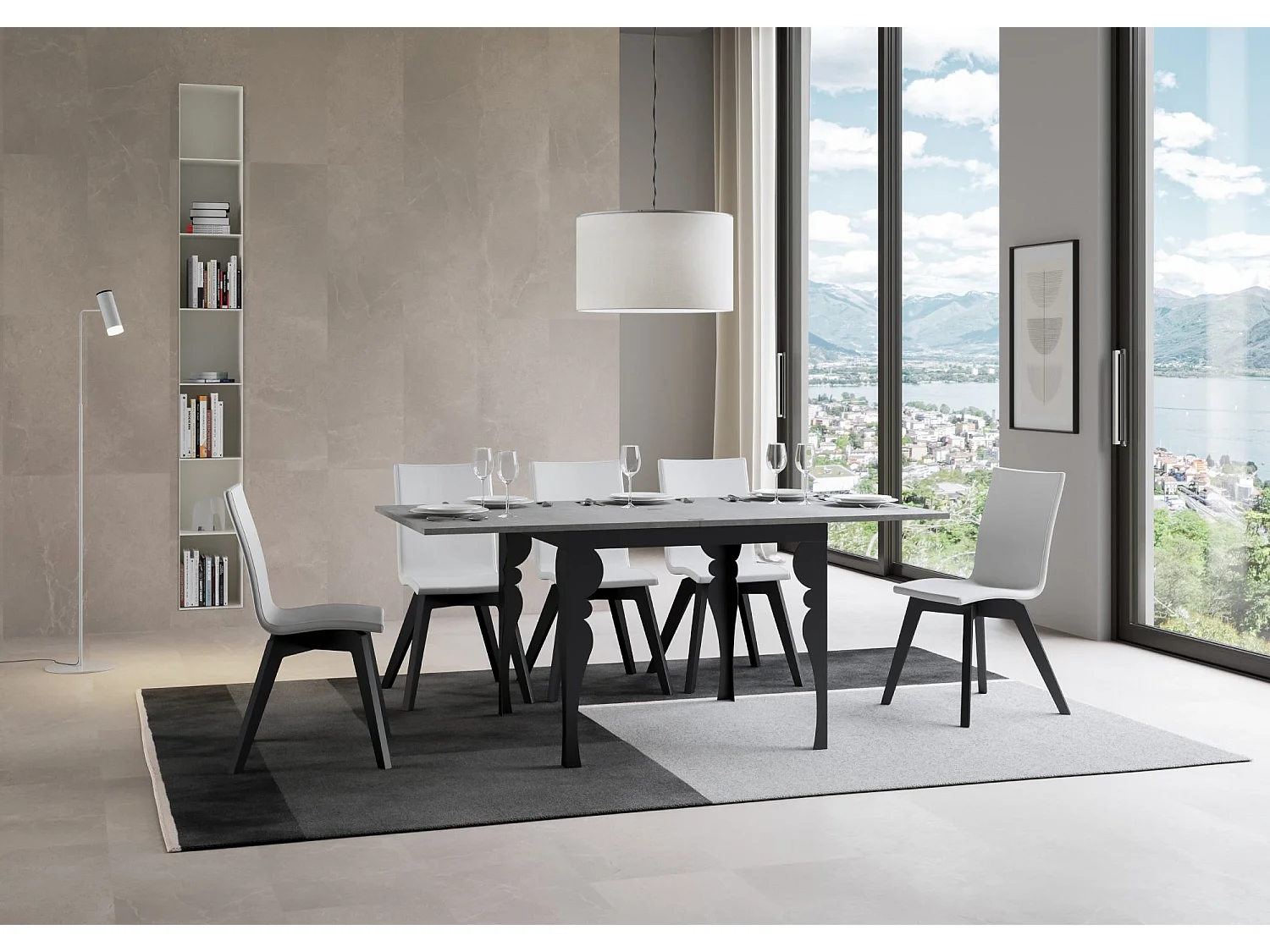 Ausziehtisch 90x90/180 cm Paxon Libra Zement mit Eisenrahmen aus Anthrazit