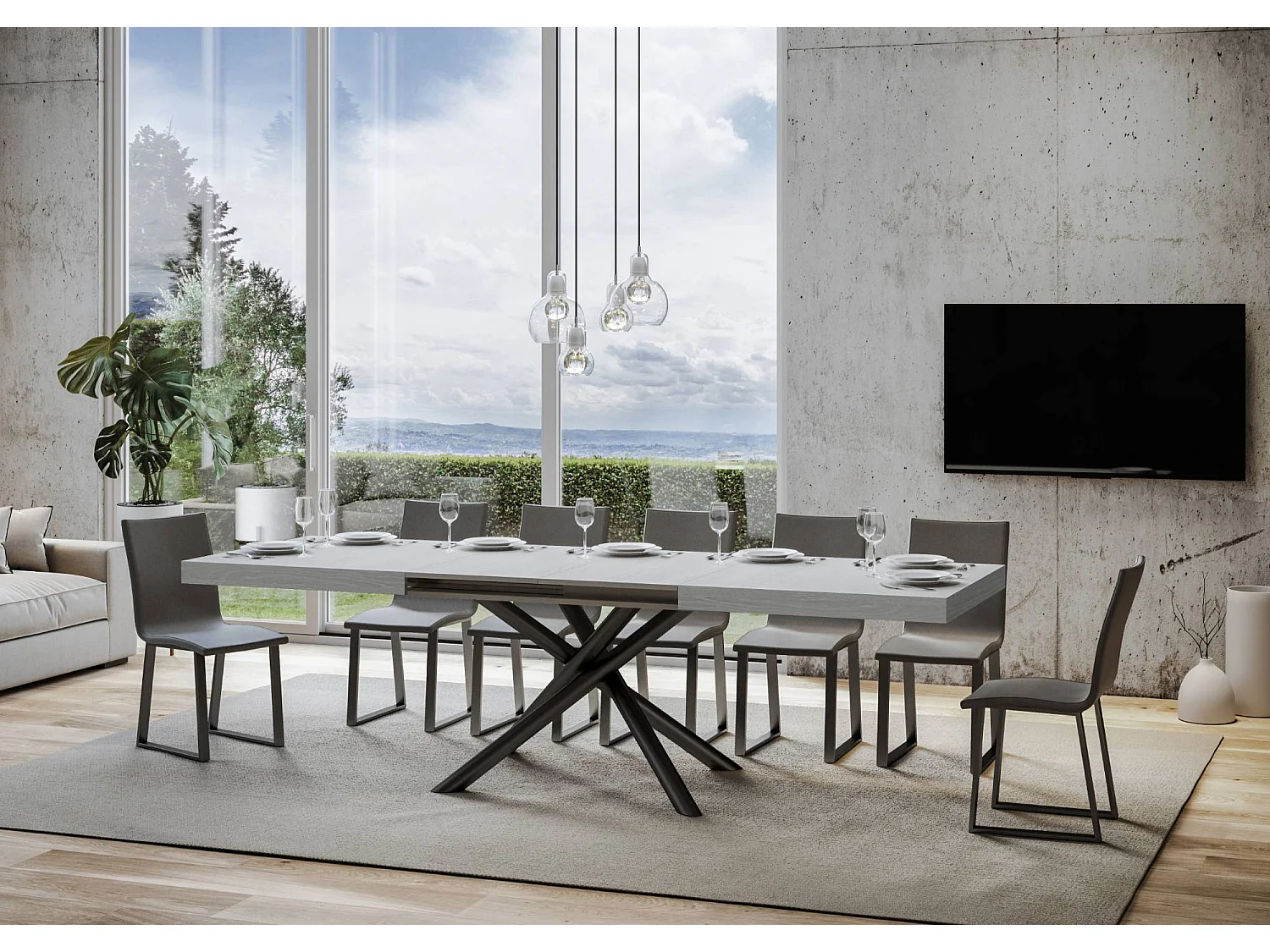 Mesa de jantar extensível 90x160/420 cm Famas Cinza Branca quadro Antracite