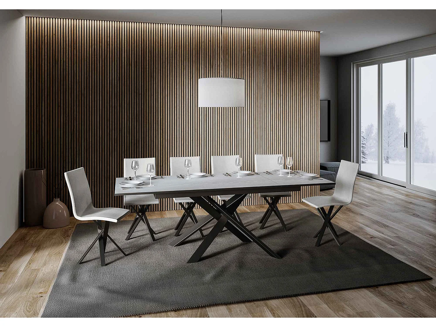 Table extensible 90x160/220 cm Ganty Frêne Blanc bande de chante Anthracite cadre Anthracite