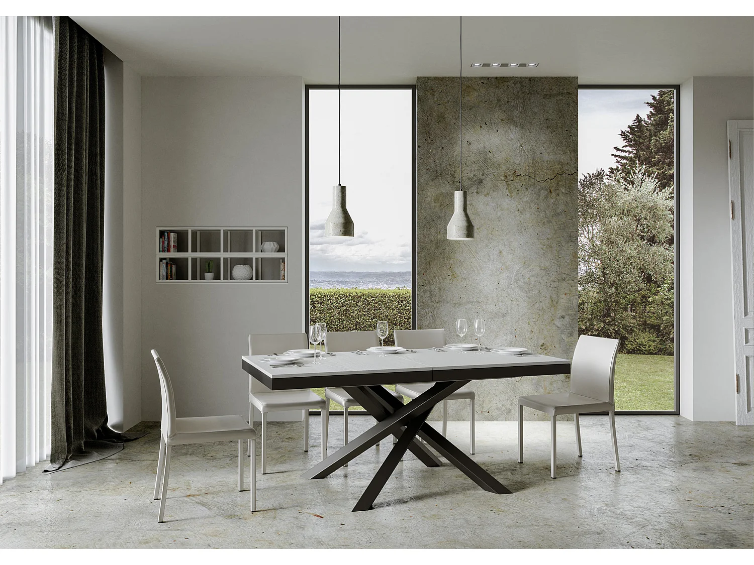 Table extensible 160/264x90 cm Volantis Evolution frêne blanc cadre et pieds anthracite